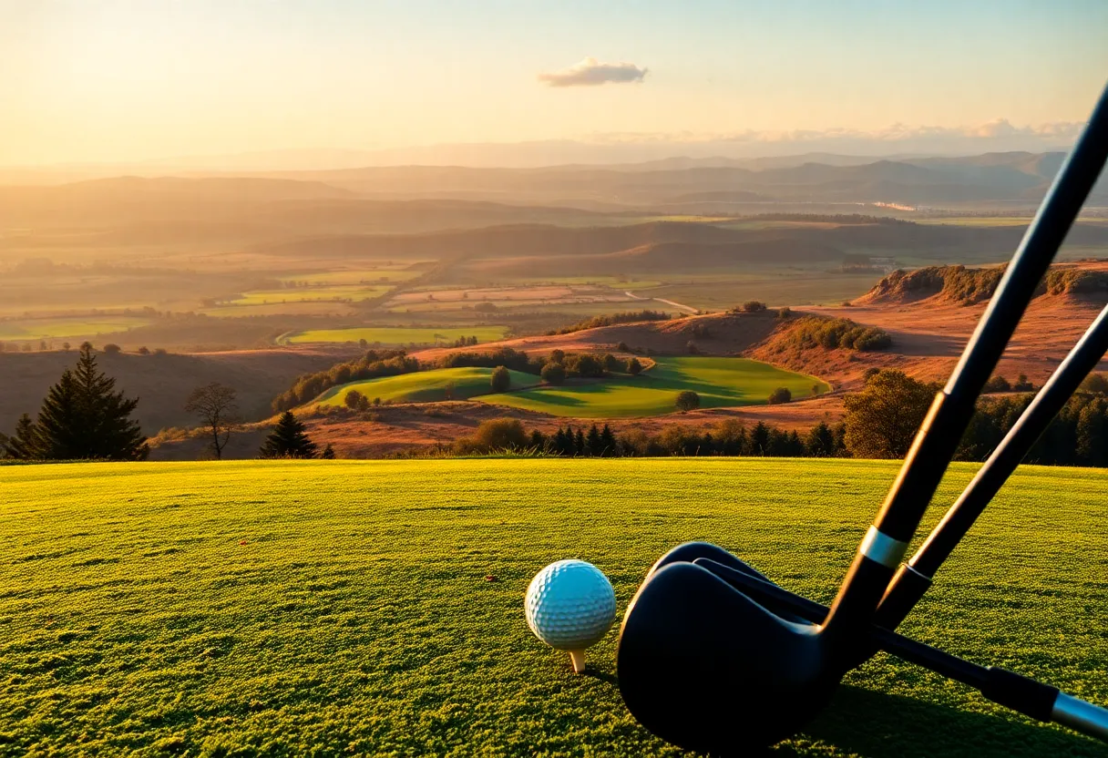 A beautifully manicured golf course surrounded by hills and trees.