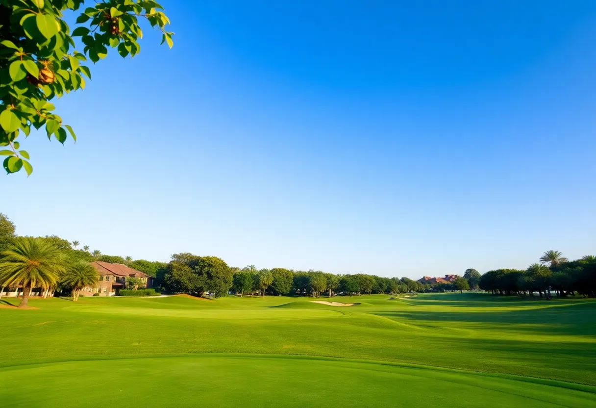 A picturesque view of a golf resort with a well-maintained golf course and surrounding nature