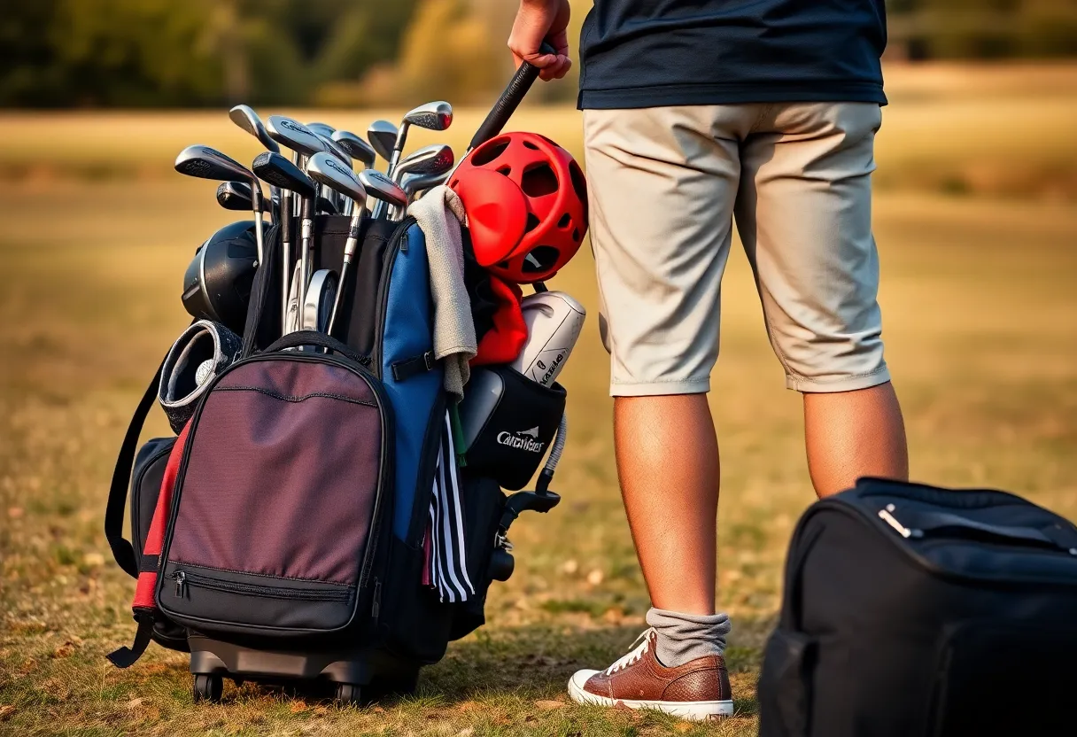 A golfer with a travel bag surrounded by golf equipment.