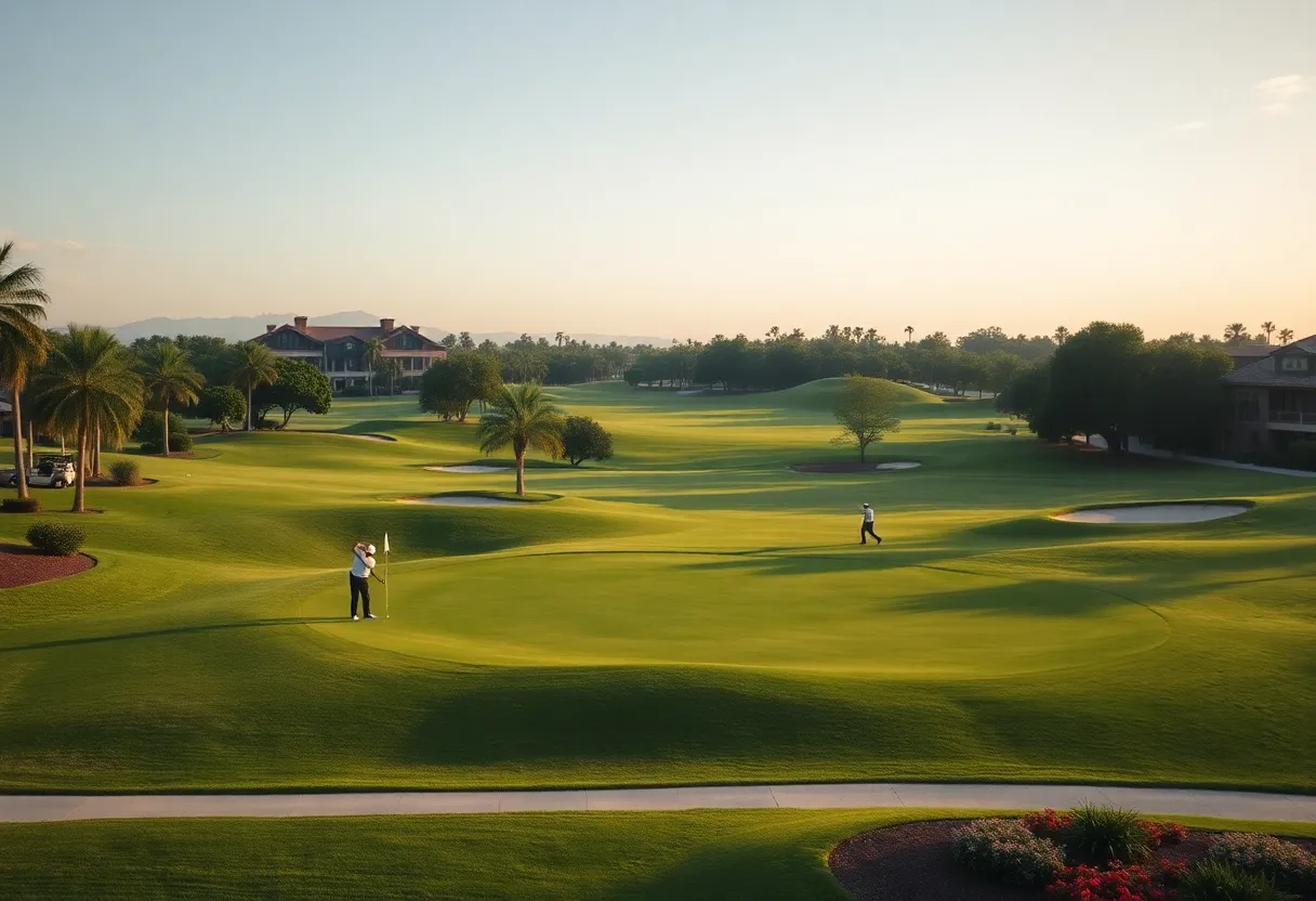 A scenic view of a luxurious golf resort with golfers on the course