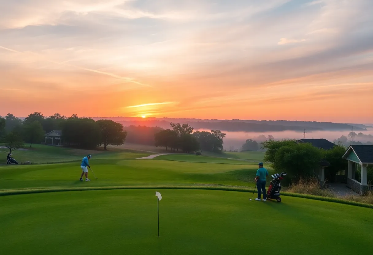 Beautiful golf course at sunrise with players preparing to tee off.