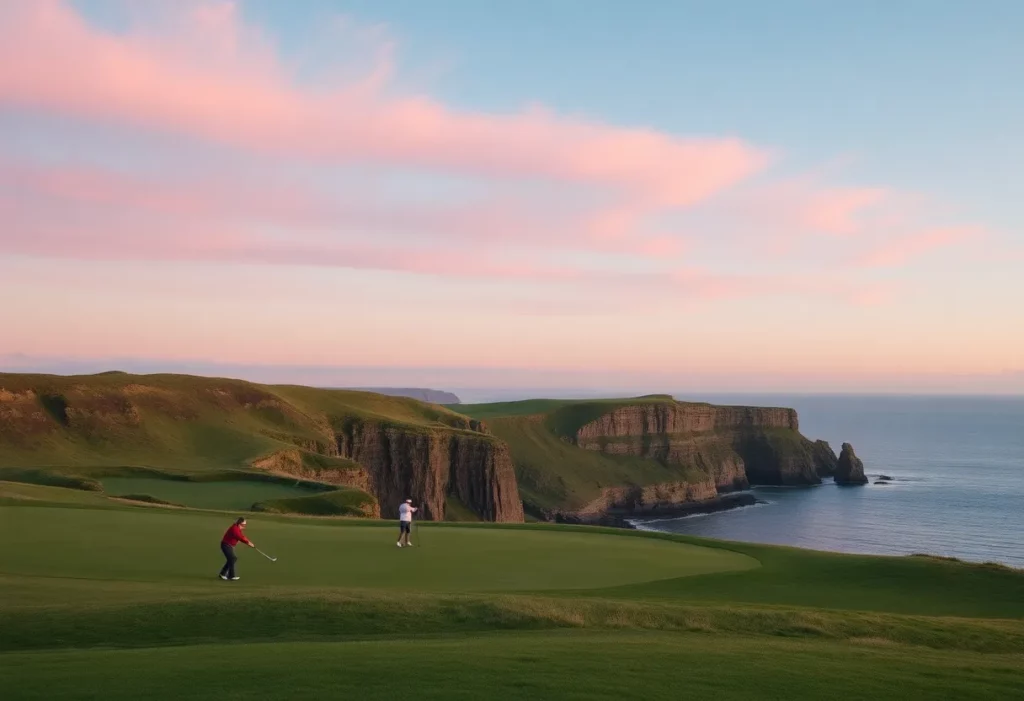 Golfers playing on the Ailsa Course in Scotland during sunset
