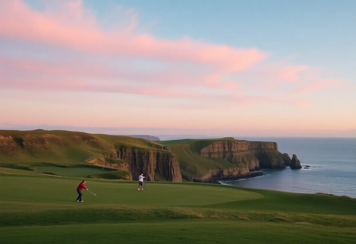 Golfers playing on the Ailsa Course in Scotland during sunset