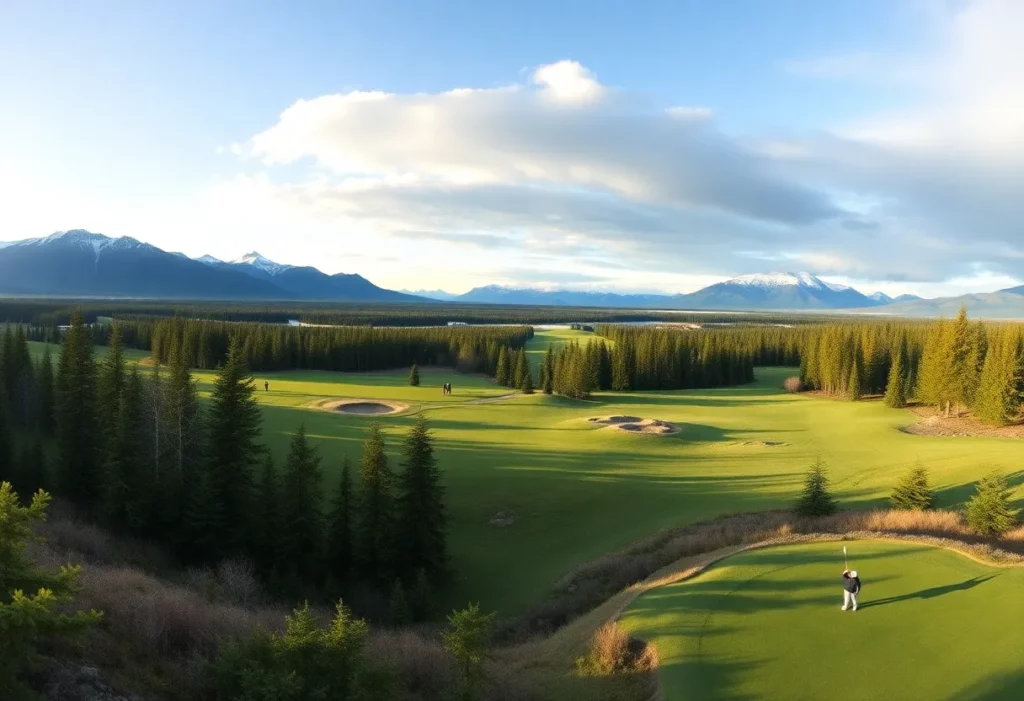Golfers playing at Anchorage Golf Course with mountains in the background
