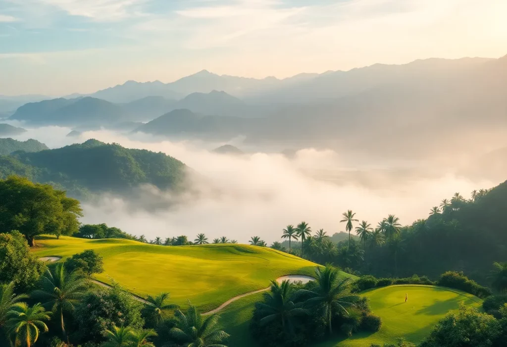 Scenic view of an Asian golf course with mountains and tropical scenery
