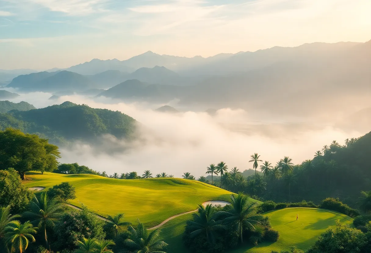 Scenic view of an Asian golf course with mountains and tropical scenery