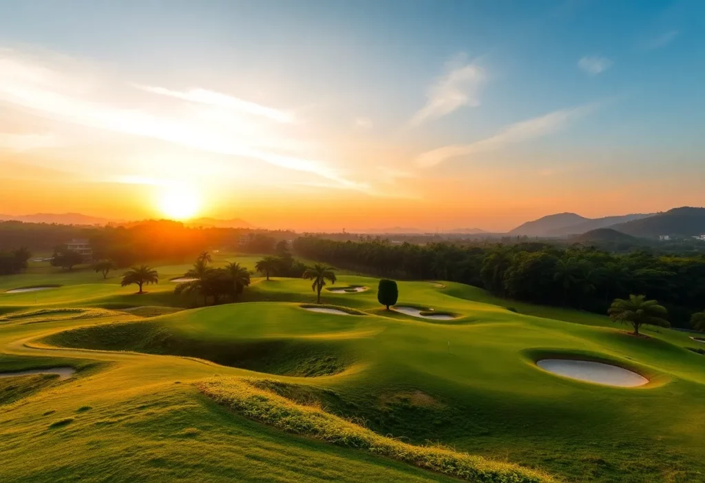 Beautiful Asian golf course with mountains and lush greens