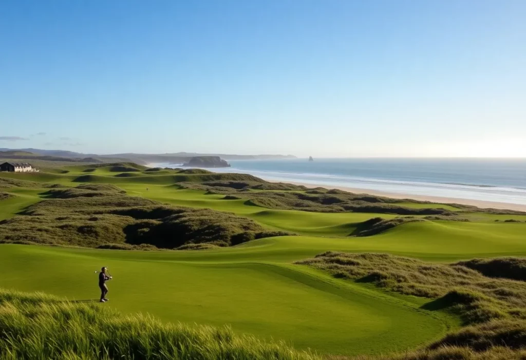 Golfers playing at Bandon Dunes with ocean views