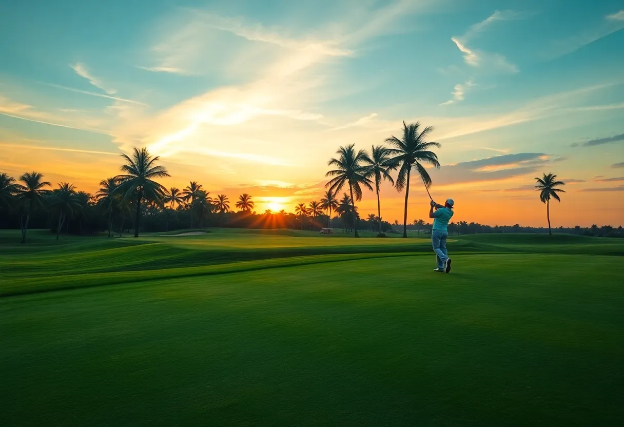 Golfer on a scenic golf course during sunset