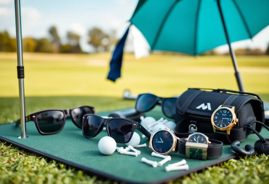 A variety of golf accessories including a putting mat, sunglasses, and a rangefinder on a golf course.