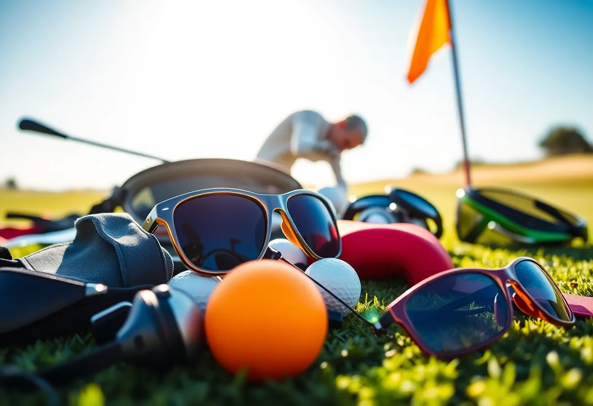 A collection of the best golf accessories including practice mats, sunglasses, and umbrellas.