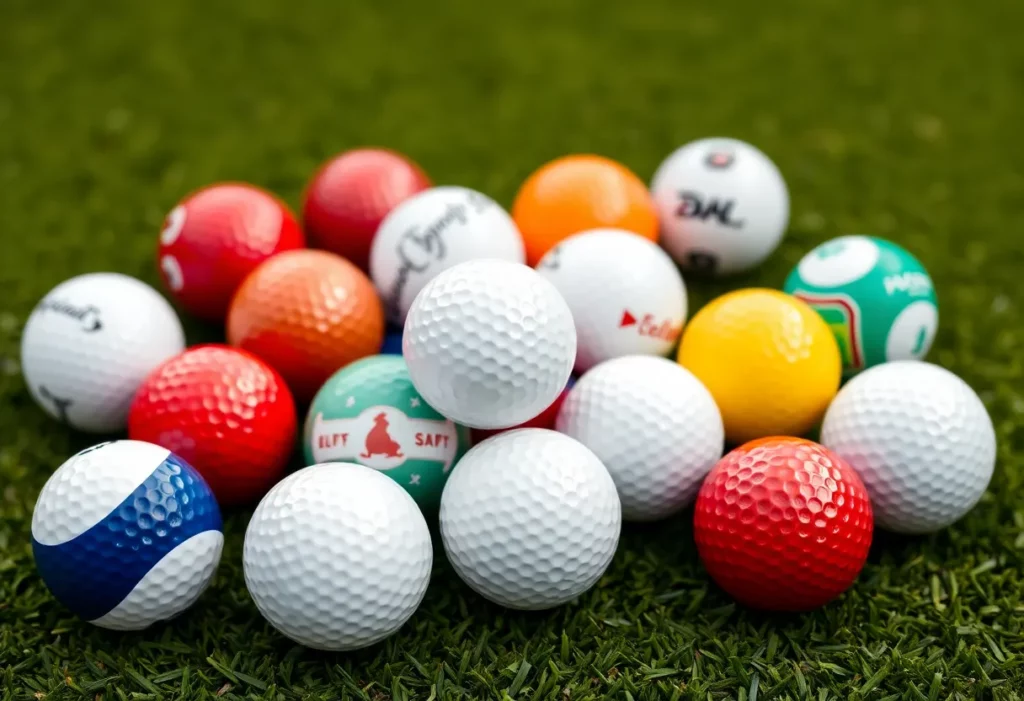 Various golf balls on green turf