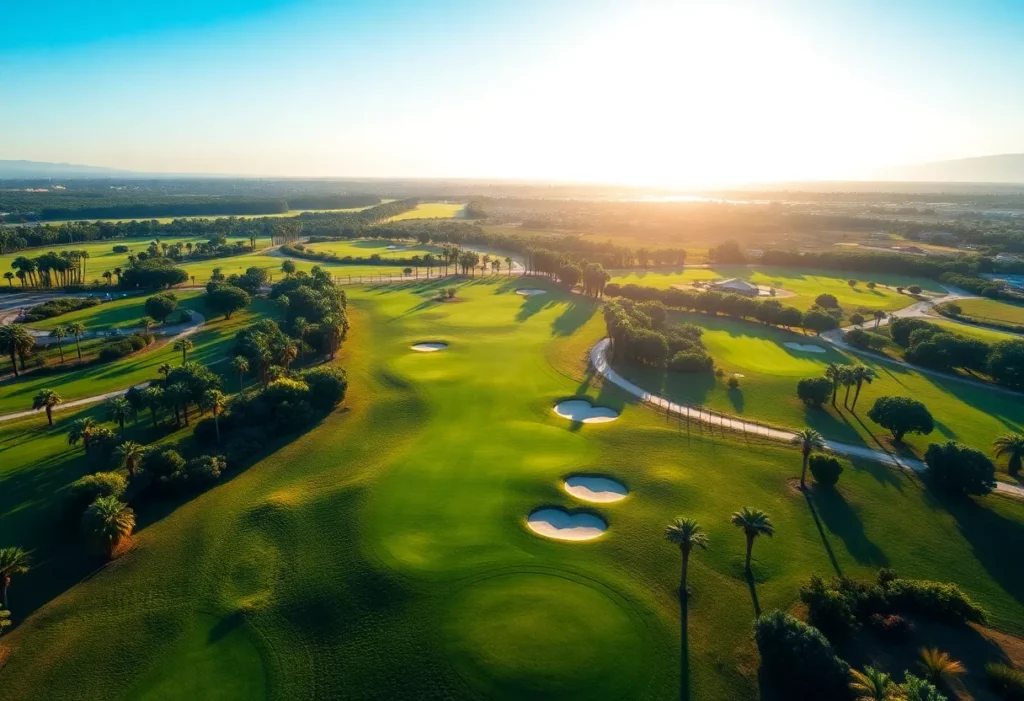 Aerial view of a pristine golf course in California with lush green fairways