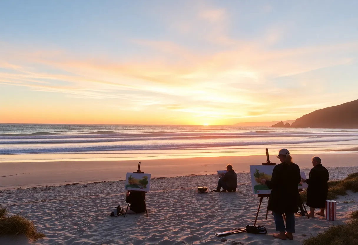 Scenic view of Carmel-by-the-Sea with beach, art galleries, and sunset