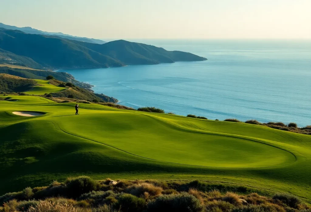 Golfers playing on the stunning course at Costa Navarino, Messinia