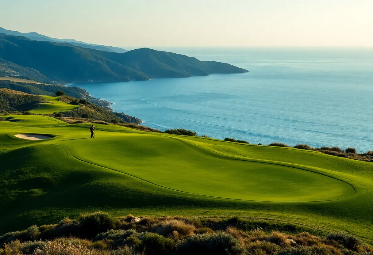 Golfers playing on the stunning course at Costa Navarino, Messinia