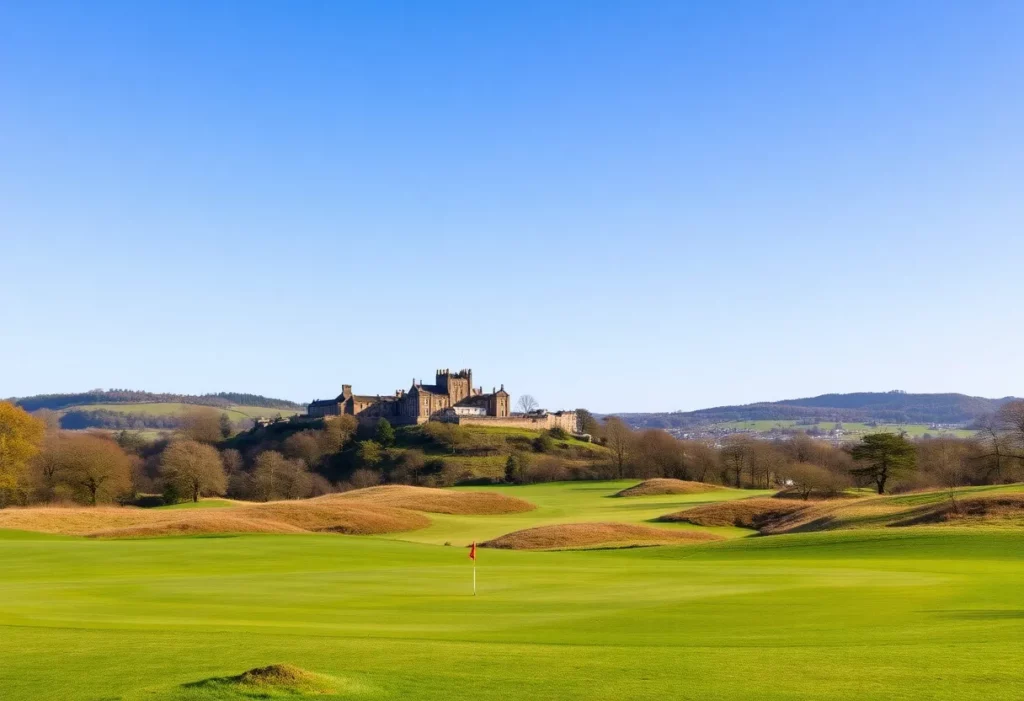 A picturesque view of a golf course in Edinburgh, Scotland.