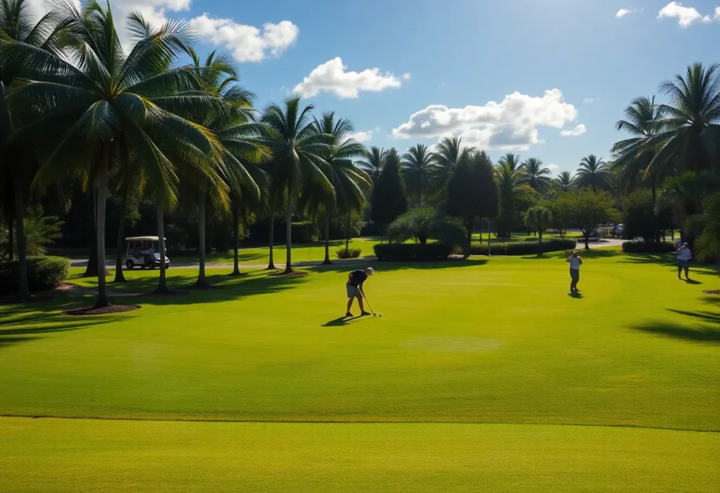 A sunny golf course in Florida with golfers on the fairway.