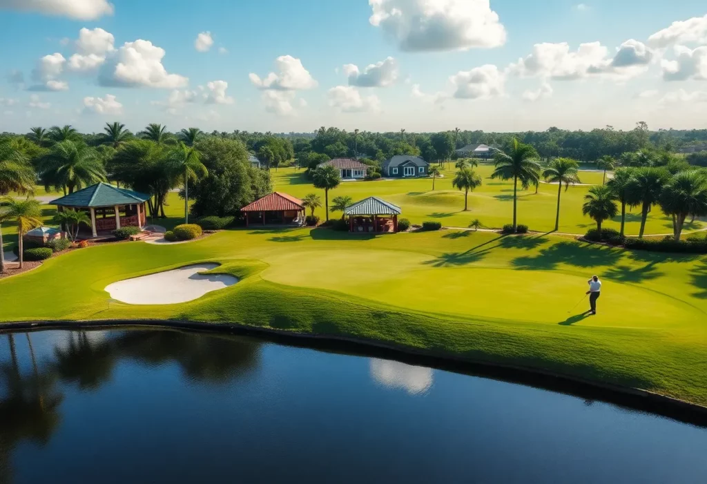Diverse golfers on a sunny Fort Myers golf course.