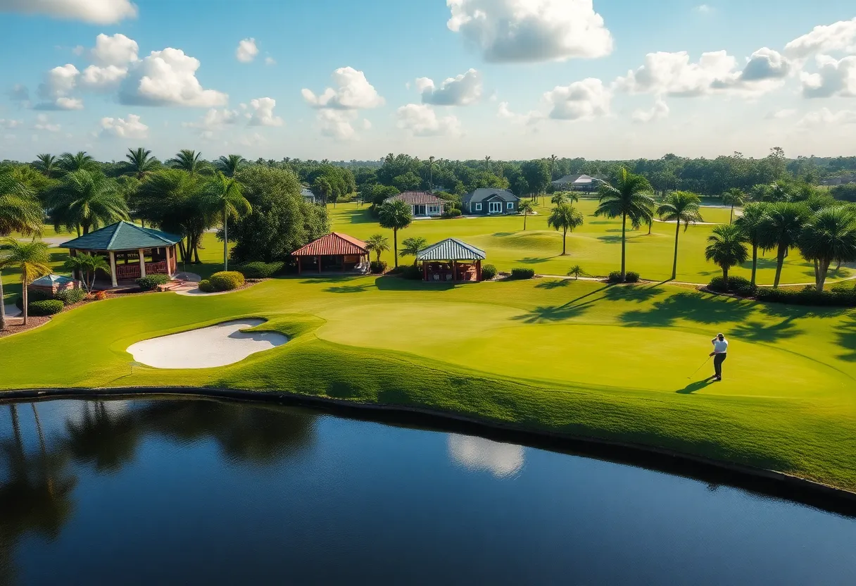 Diverse golfers on a sunny Fort Myers golf course.