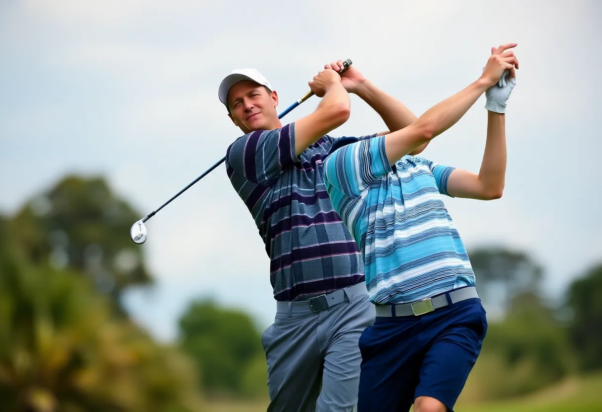 Christo Lamprecht hitting a drive and Ollie Schniederjans putting on the golf course.