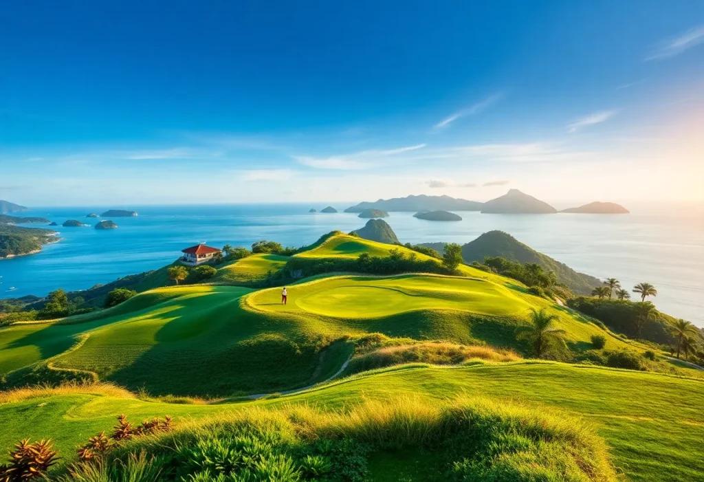 A beautiful golf course in Asia surrounded by lush greenery.