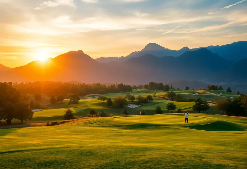 A beautiful modern golf course in China with vibrant green grass and clear blue skies