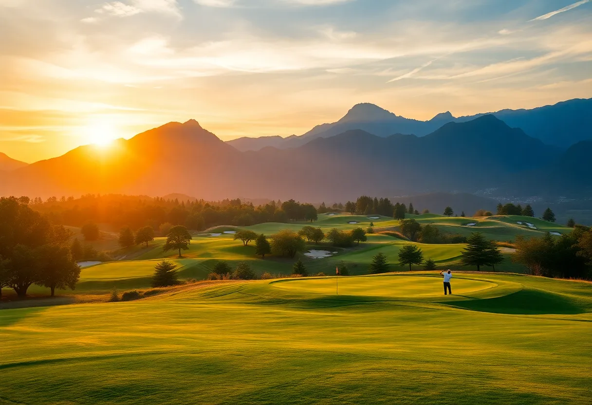 A beautiful modern golf course in China with vibrant green grass and clear blue skies