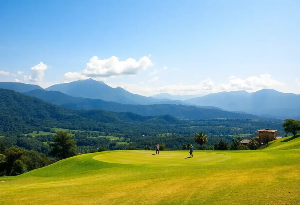 Scenic view of a golf course in Colombia with golfers playing.