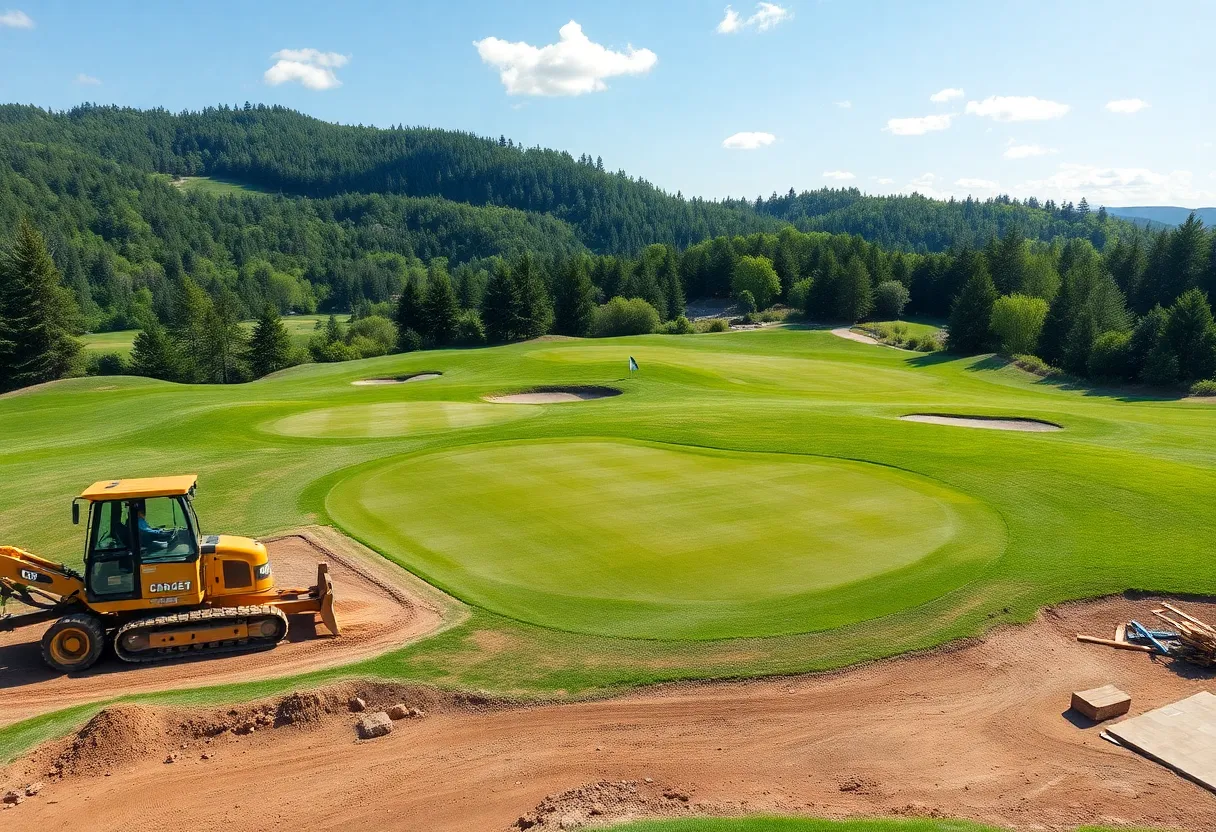 A picturesque view of a golf course under development with advanced equipment.