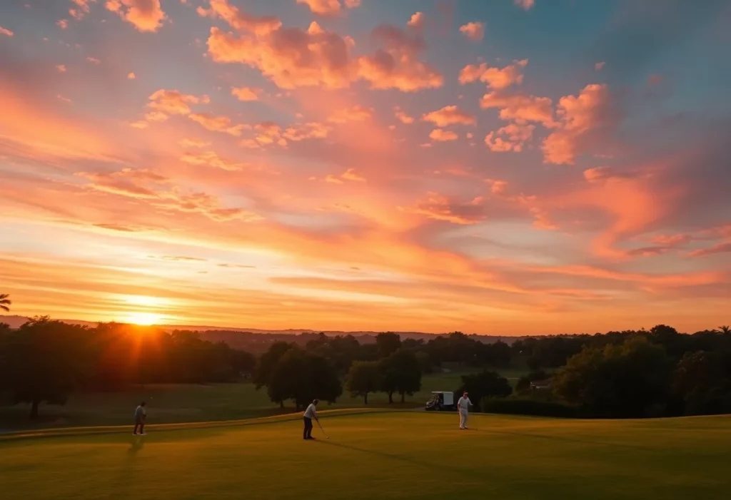 Lush green golf course with golfers and a sunset backdrop