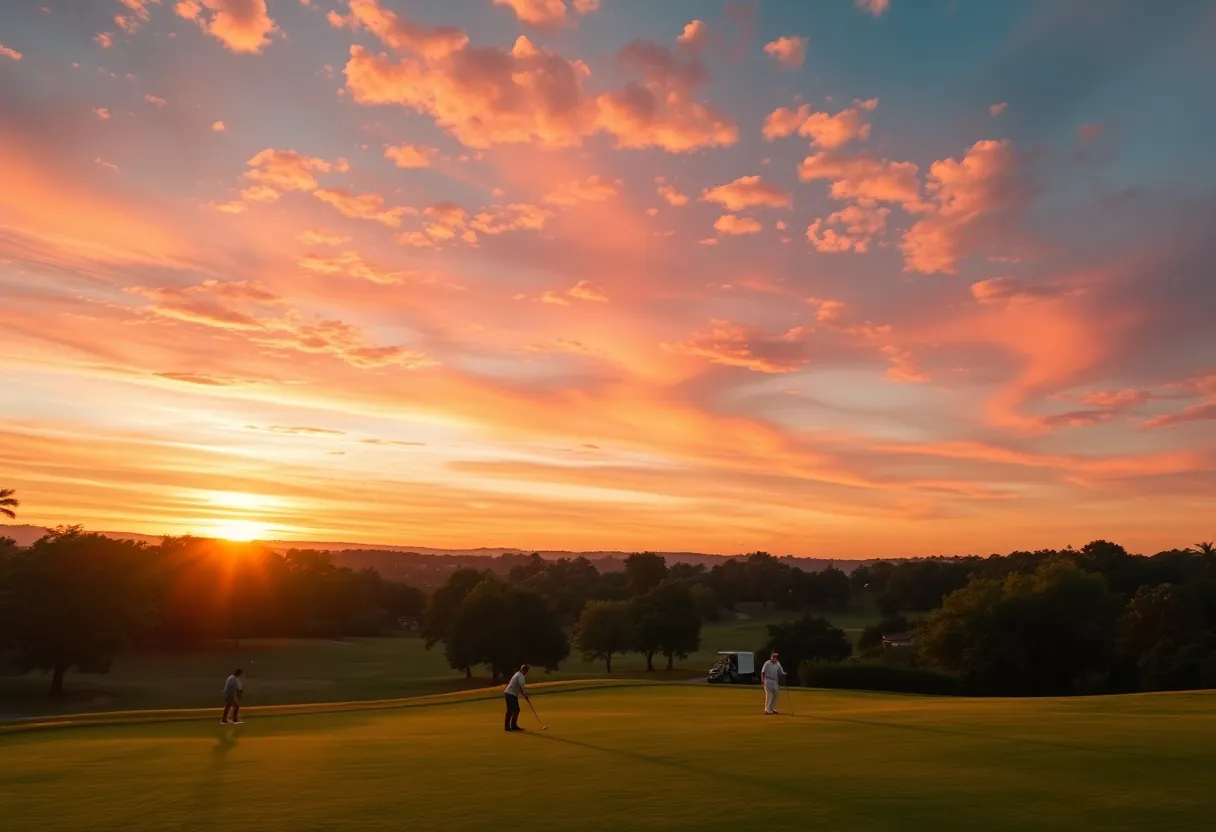 Lush green golf course with golfers and a sunset backdrop