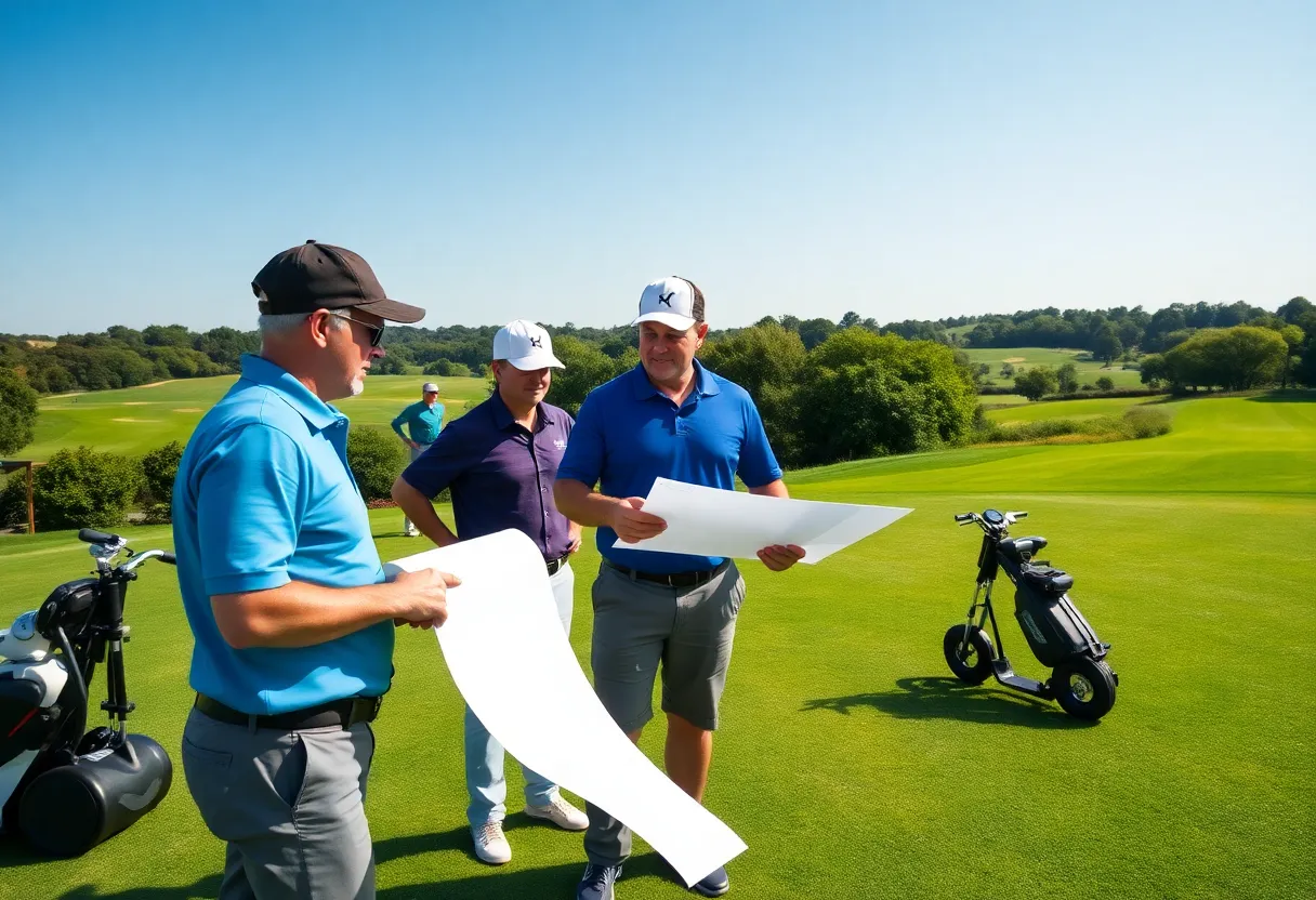 Professionals collaborating on golf course management plans at a beautiful golf course.