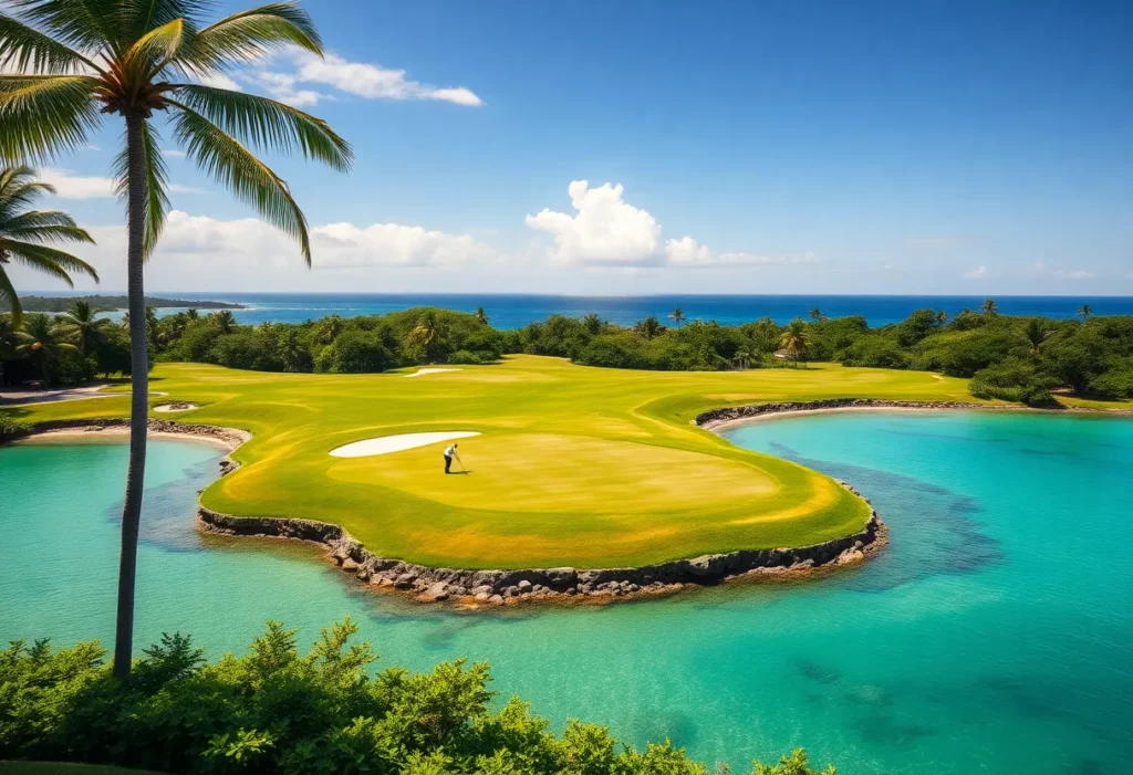 Golfers playing on a scenic course in Mauritius with ocean views