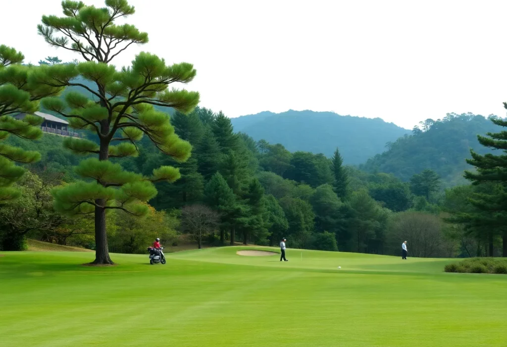 A stunning view of a golf course in South Korea with golfers playing.