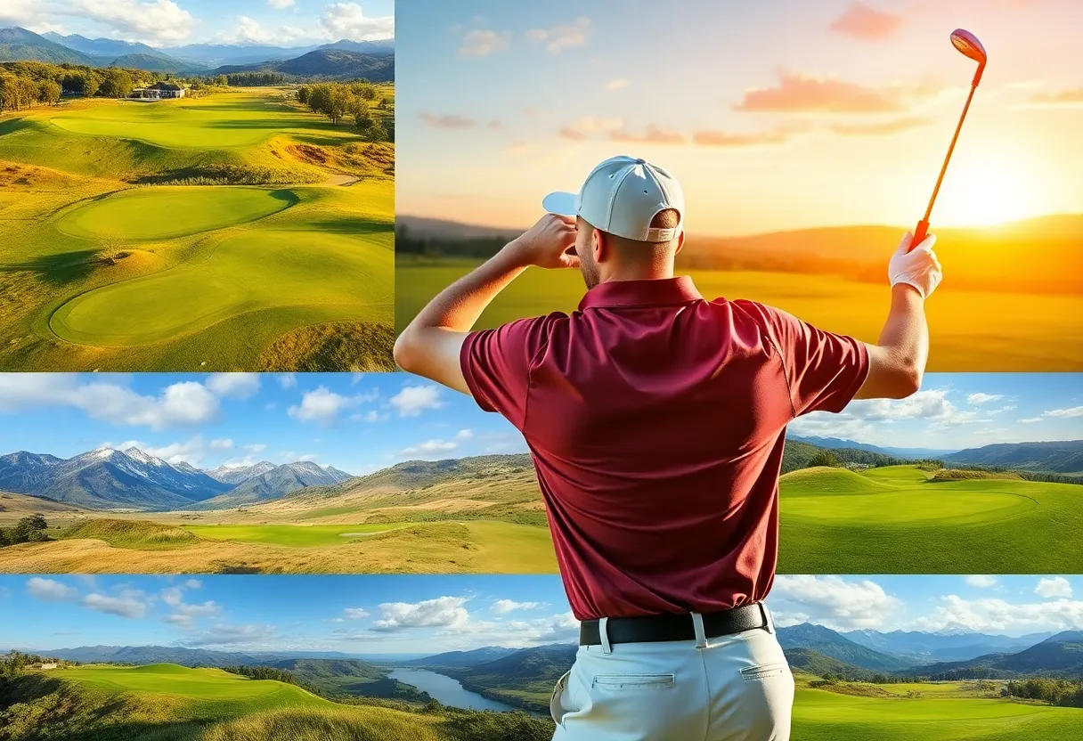 A golfer celebrating on the green with various golf courses in the background.