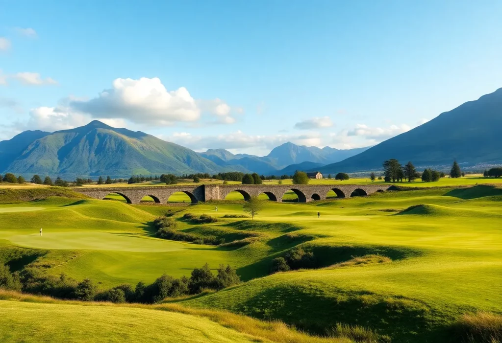 Beautiful golf course landscape in Scotland with rich greenery and mountains