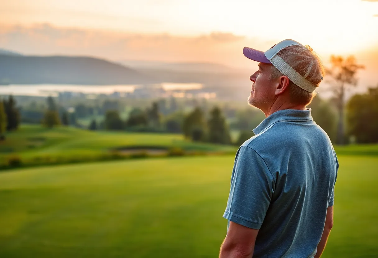 A golfer reflecting on his journey on a scenic golf course
