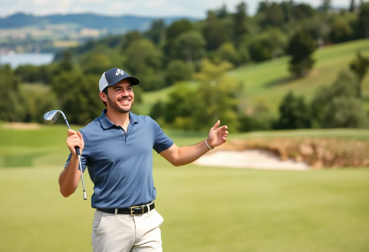 Golfer celebrating crossing the 600-golf-course mark in 2024.