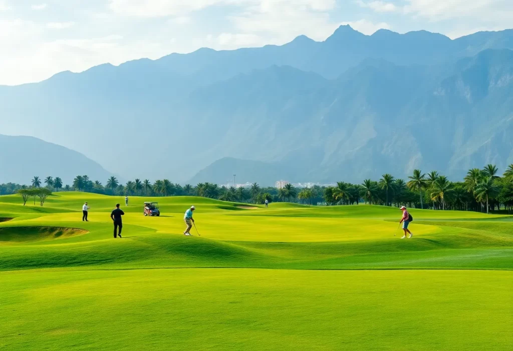 Golf course scene in China with players and mountains