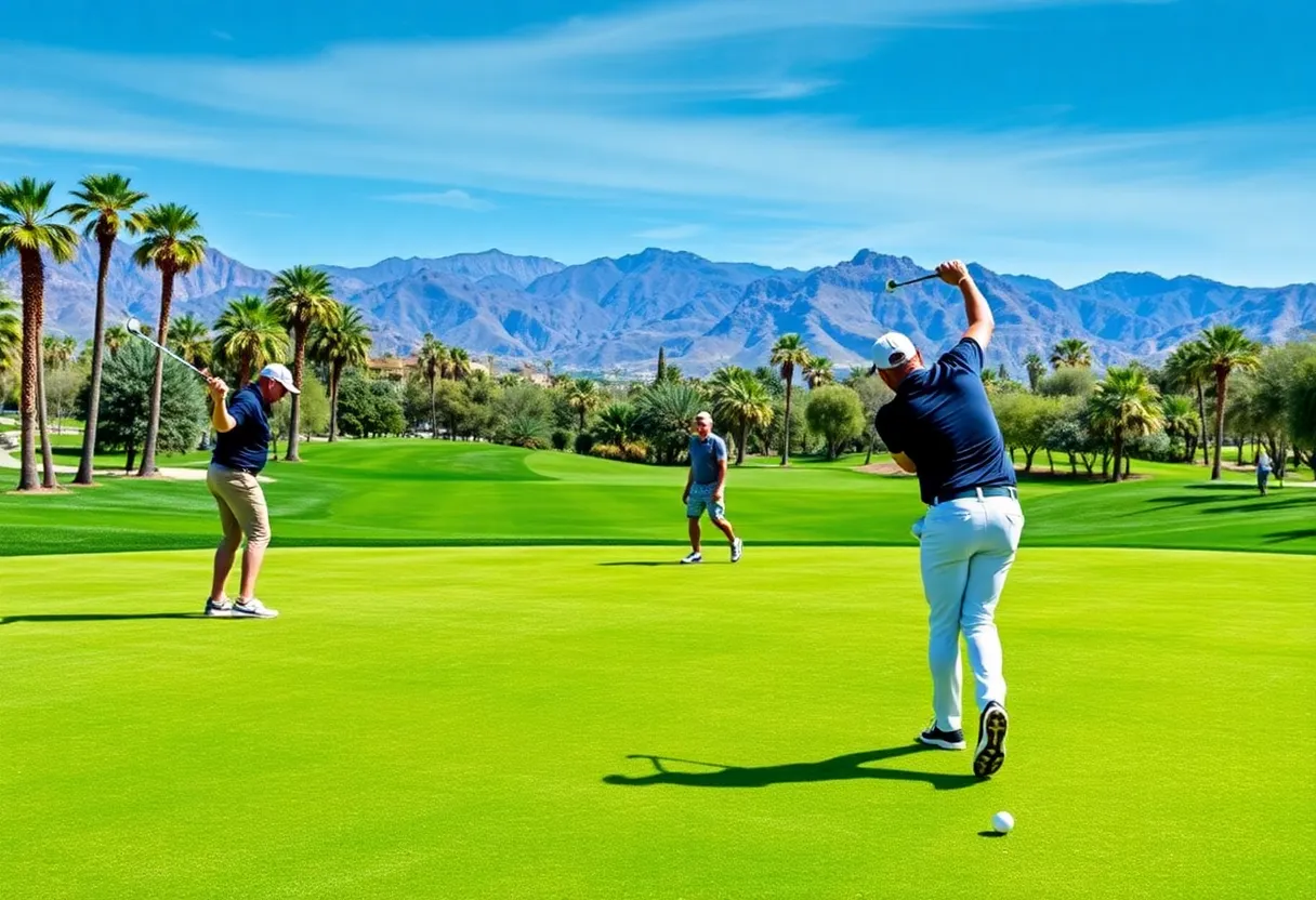 Golf players at Shadow Creek Golf Course during the exhibition match