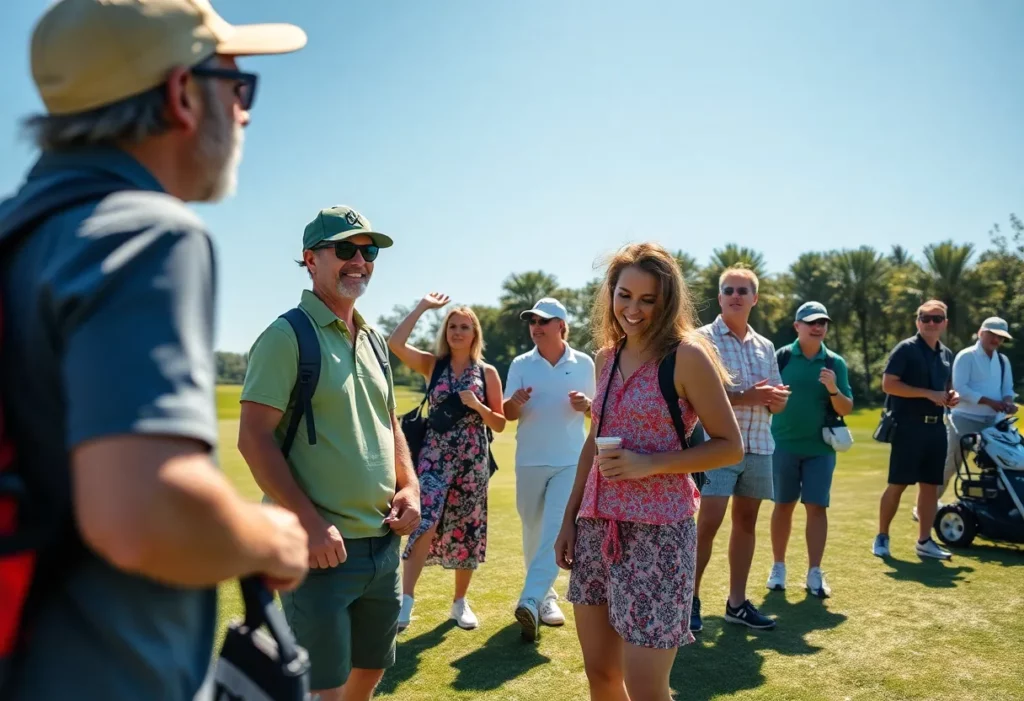 Tourists enjoying a luxury golf experience on a sunny course.