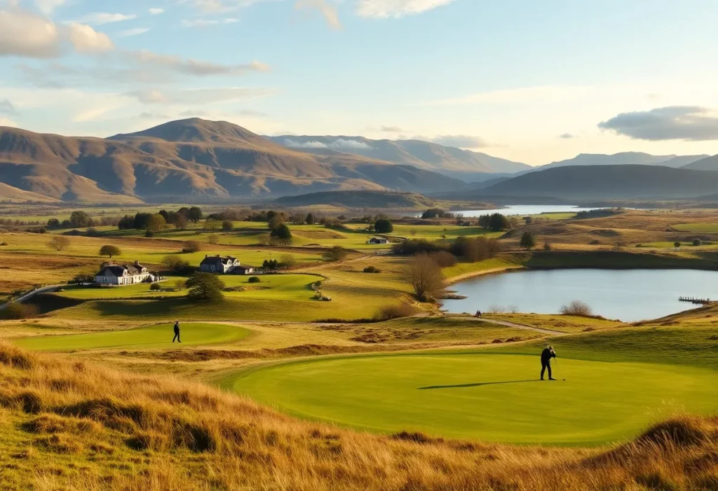 A scenic view of a golfer playing in Scotland's lush landscape