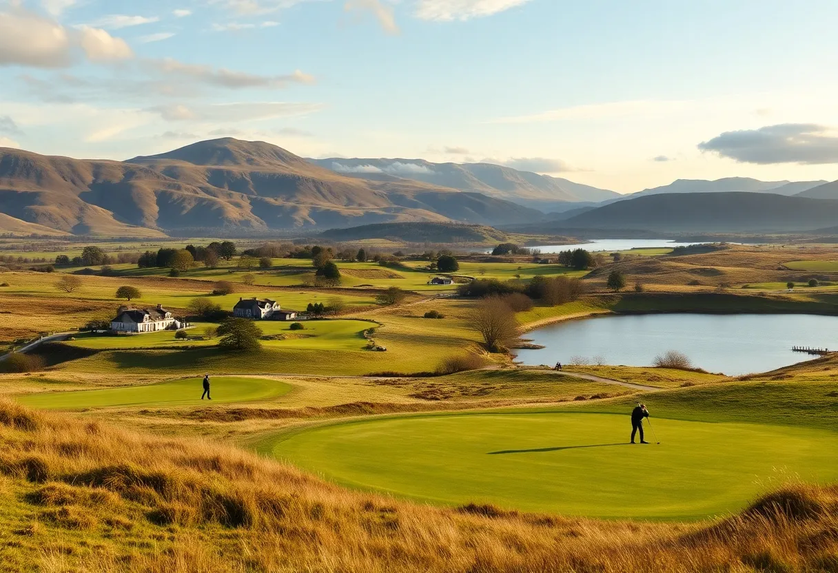A scenic view of a golfer playing in Scotland's lush landscape