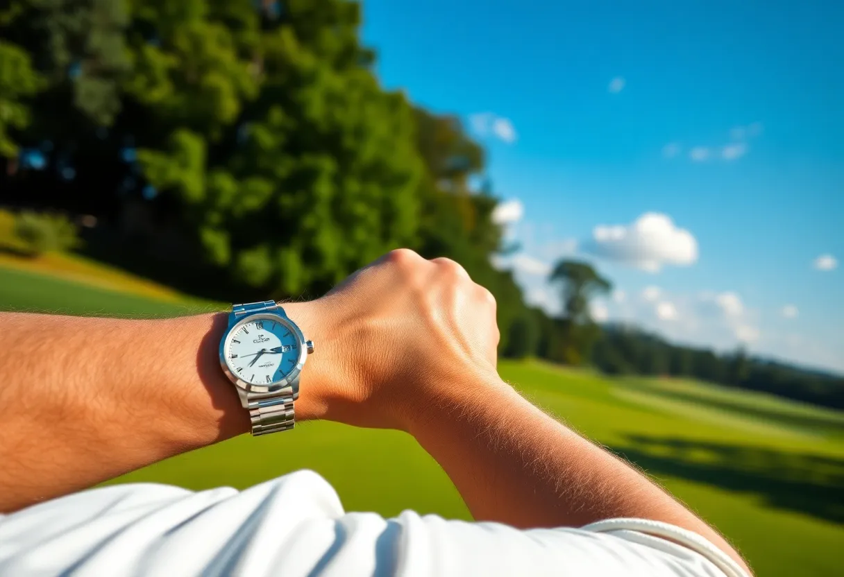 Golfer wearing a modern golf watch on a sunny golf course