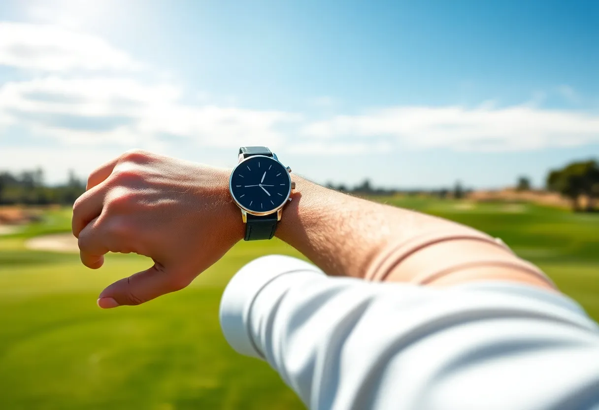 Golfer using a high-tech golf watch on a sunny San Diego golf course