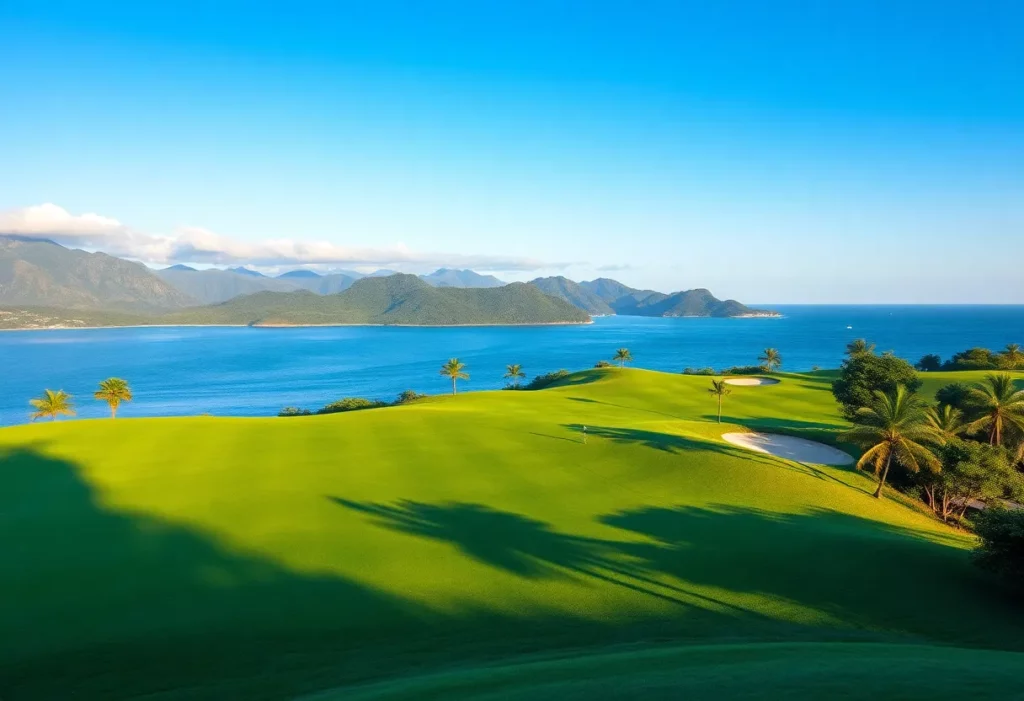 A beautiful golf course in Asia surrounded by mountains and ocean views.