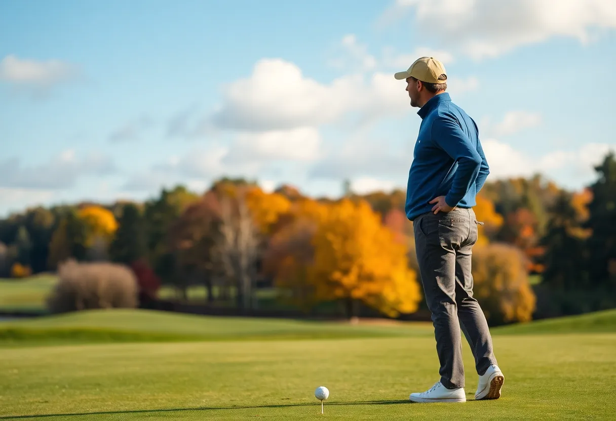 A golfer reflecting on the year amidst beautiful golf course scenery.