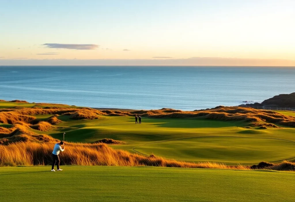 Golfers on the Ailsa Course at sunset