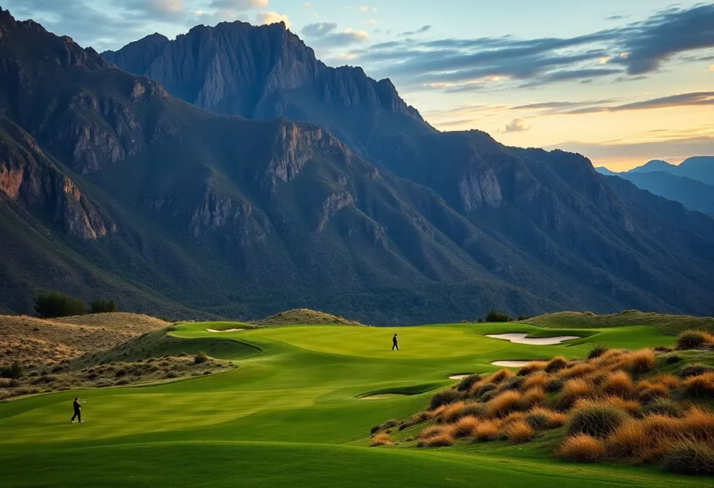 A golfer playing on a scenic golf course with natural landscapes